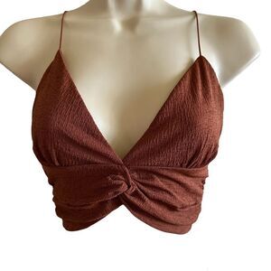 Urban Outfitters ~Rust Brown Cropped top ~twist front ~ size Med ~slight ruching